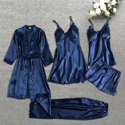 Women's Satin Pajama Set 4-Piece Robe Cami Shorts & Pants with Lace Trim for Bedroom Loungewear Sleepwear Nightwear Gift
