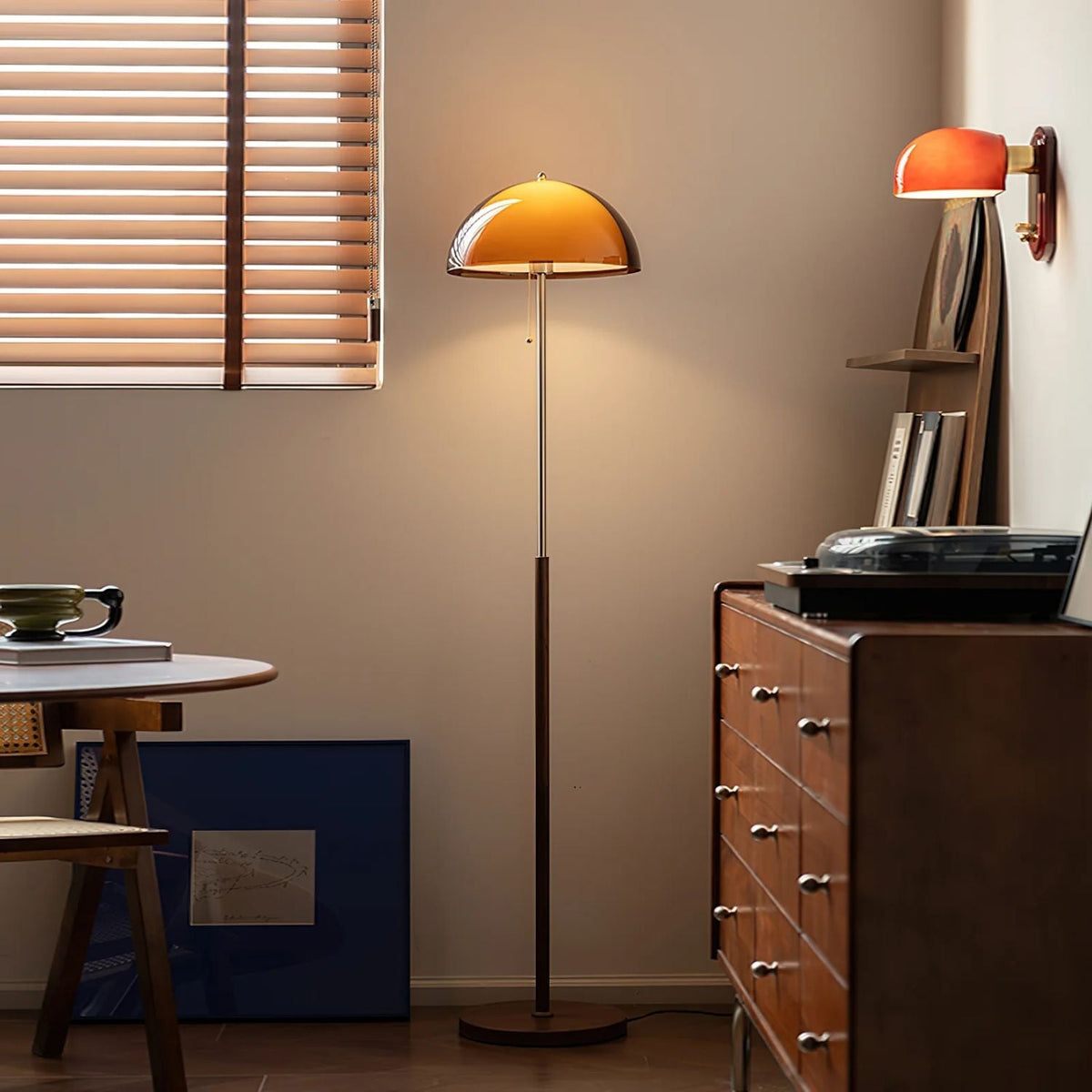 Tall Arched Standing Lamp with Translucent Dome Shade 63 Inches for Living Space Reading Corner Retro Mid-Century Accent Lighting Walnut Woo