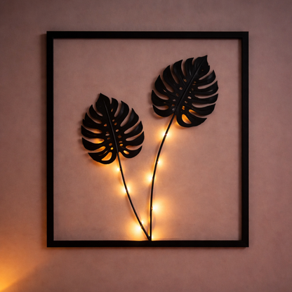 Battery-Powered LED Leaf Frame Light Set for Home Decor 3-Piece Black Metal Botanical Display for Shelves Tables Nightstand Ambiance