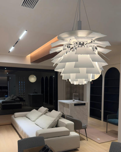 Sculptural Metal Shade Hanging Fixture 20 in Adjustable Height Overhead Lighting for Dining Room Kitchen Island Entryway Warm Glow Installat