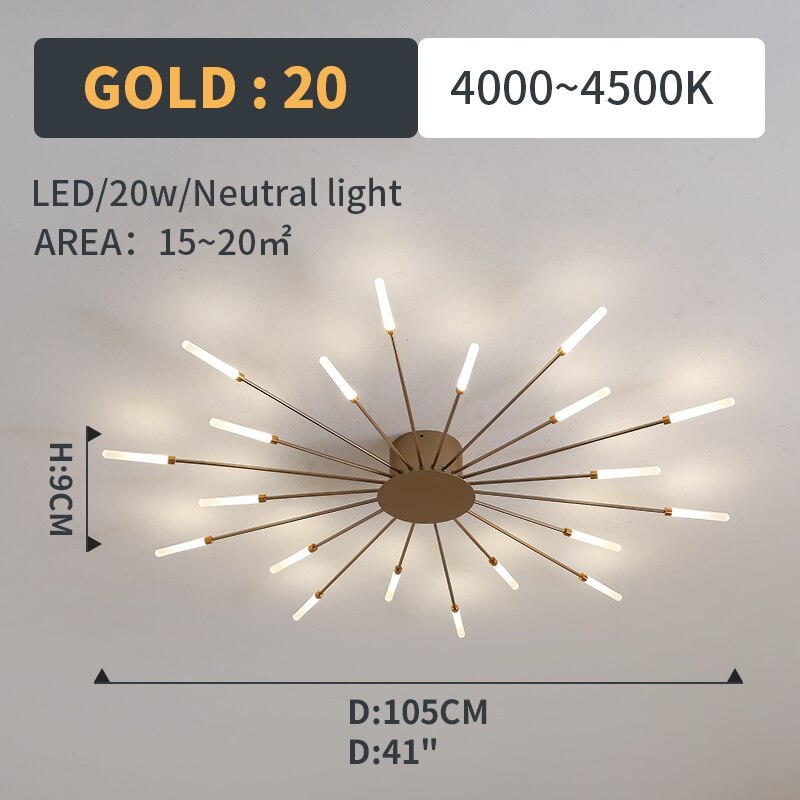 Starburst Flush Mount Ceiling Light Black Gold Modern Firework LED Fixture Bedroom Living Room Natural White Hardwired Indoor