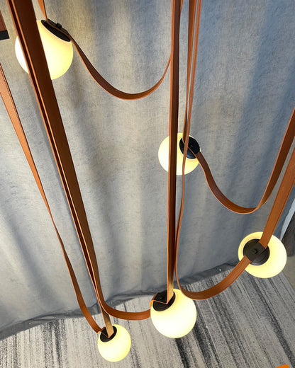 Leather Hanging Lamp with Glass Shade 6-Inch Brown Fixture for Kitchen Island Dining Table Multi-Light Ceiling Suspension for Modern Contemp