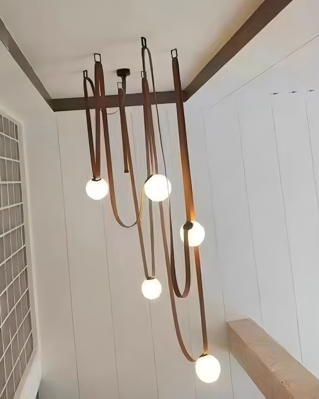 Leather Hanging Lamp with Glass Shade 6-Inch Brown Fixture for Kitchen Island Dining Table Multi-Light Ceiling Suspension for Modern Contemp