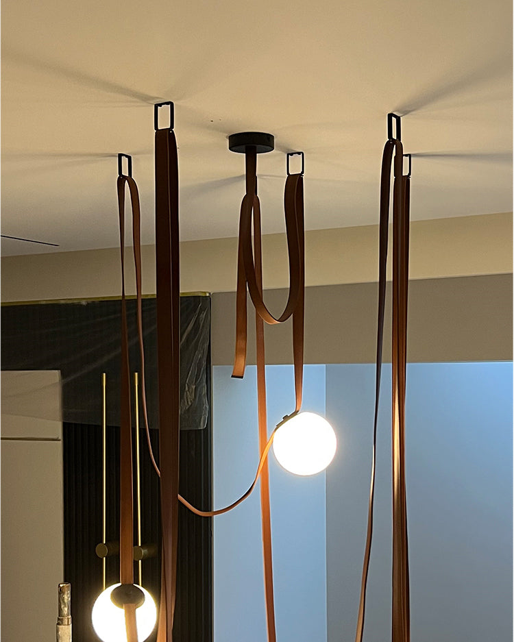 Leather Hanging Lamp with Glass Shade 6-Inch Brown Fixture for Kitchen Island Dining Table Multi-Light Ceiling Suspension for Modern Contemp