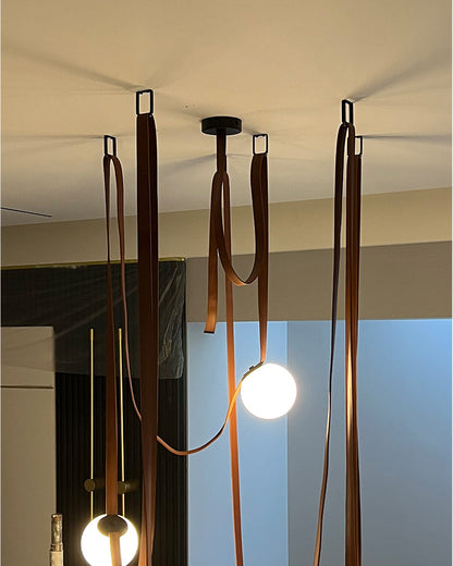 Leather Hanging Lamp with Glass Shade 6-Inch Brown Fixture for Kitchen Island Dining Table Multi-Light Ceiling Suspension for Modern Contemp