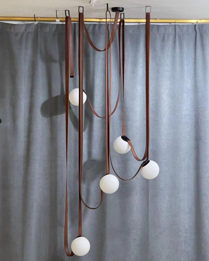 Leather Hanging Lamp with Glass Shade 6-Inch Brown Fixture for Kitchen Island Dining Table Multi-Light Ceiling Suspension for Modern Contemp