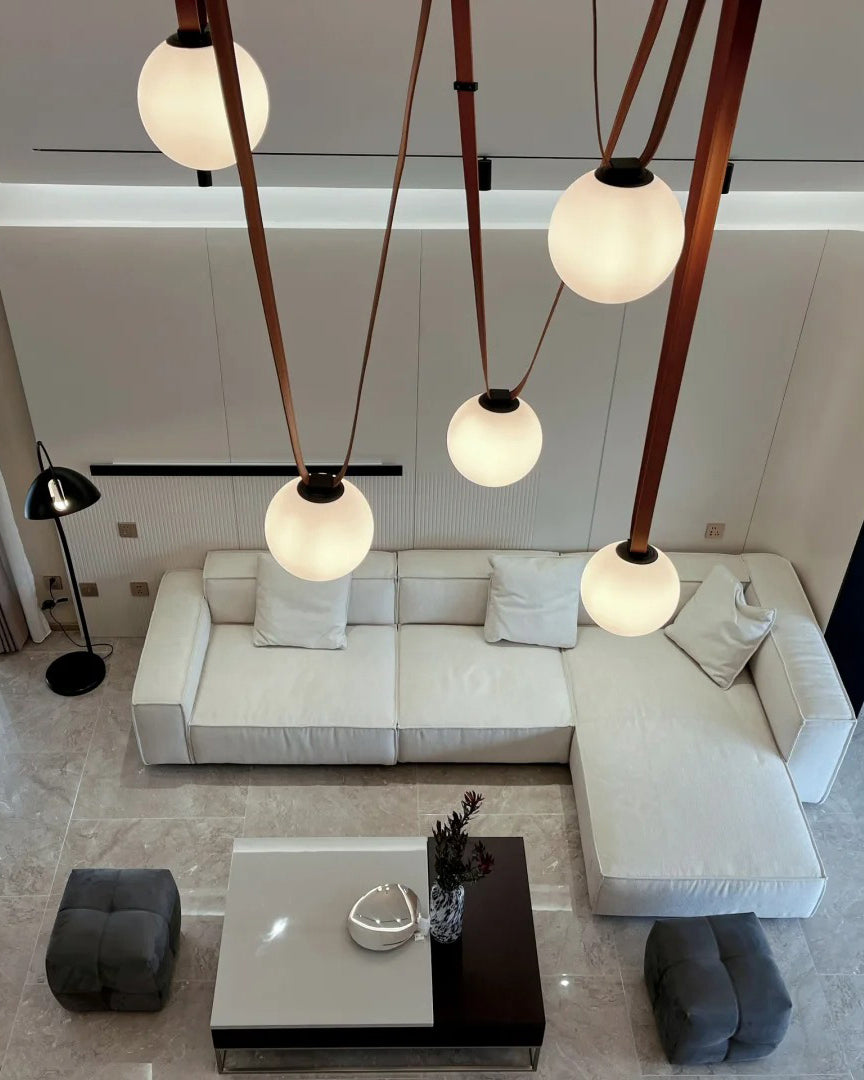 Leather Hanging Lamp with Glass Shade 6-Inch Brown Fixture for Kitchen Island Dining Table Multi-Light Ceiling Suspension for Modern Contemp