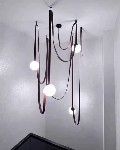 Leather Hanging Lamp with Glass Shade 6-Inch Brown Fixture for Kitchen Island Dining Table Multi-Light Ceiling Suspension for Modern Contemp