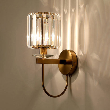Contemporary Crystal Wall Sconce with Arched Bracket – Single-Light Gold Metal Fixture for Hallways & Bedrooms