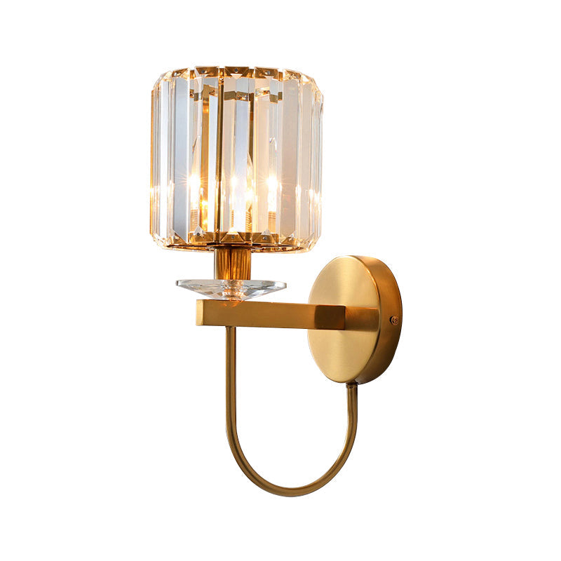 Contemporary Crystal Wall Sconce with Arched Bracket – Single-Light Gold Metal Fixture for Hallways & Bedrooms