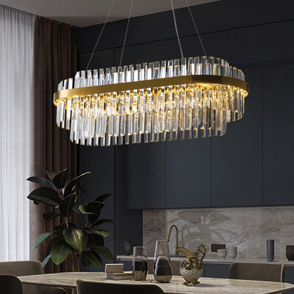 Crystal Chandelier Fixture Round Rectangular LED Warm White Adjustable Height Gold Metal Dining Table Overhead Modern Ceiling Light for Livi