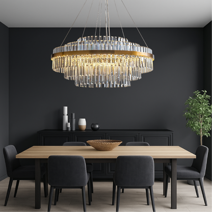 Crystal Chandelier Fixture Round Rectangular LED Warm White Adjustable Height Gold Metal Dining Table Overhead Modern Ceiling Light for Livi