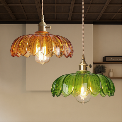 Floral Glass Hanging Light for Kitchen Island & Dining Table – Adjustable Cord, Textured Shade, Brass Accent – 8 in Diameter Fixture for Mod
