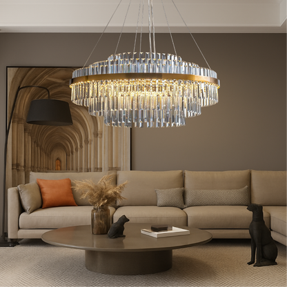 Crystal Chandelier Fixture Round Rectangular LED Warm White Adjustable Height Gold Metal Dining Table Overhead Modern Ceiling Light for Livi