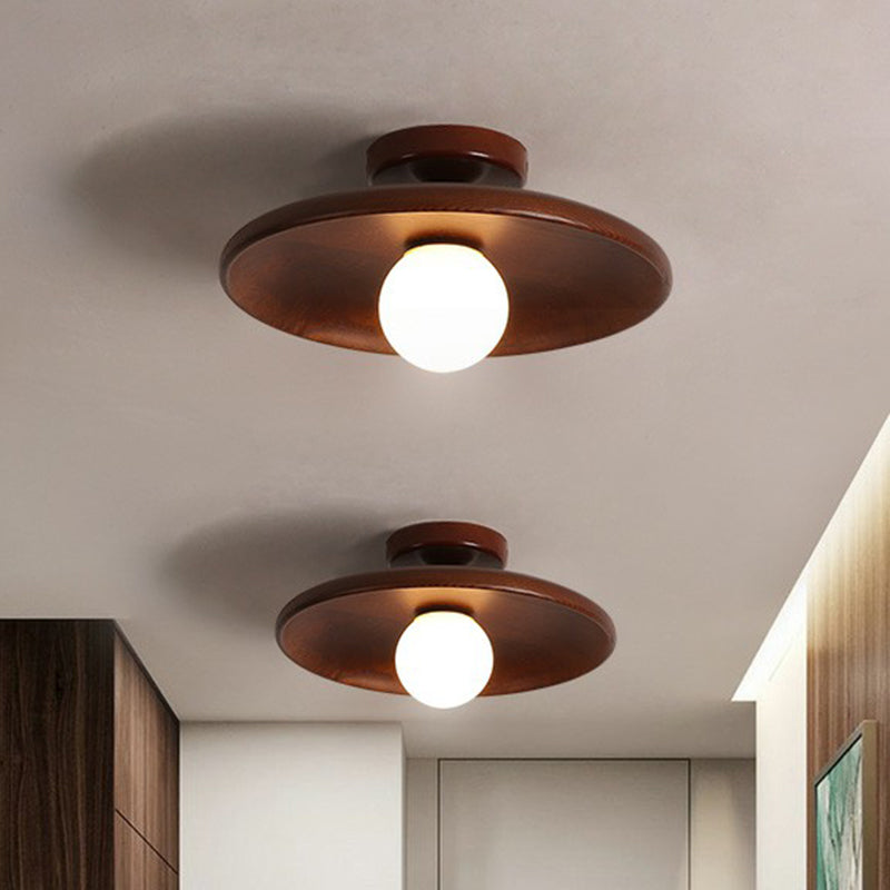 Wood Grain Semi-Flush Ceiling Light for Hallway and Entryway, Single Bulb Bowl Fixture for Low Ceilings, Modern Farmhouse Style, 11-Inch