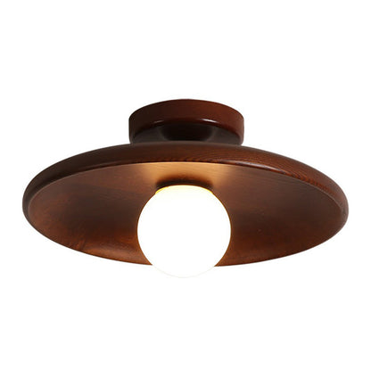 Wood Grain Semi-Flush Ceiling Light for Hallway and Entryway, Single Bulb Bowl Fixture for Low Ceilings, Modern Farmhouse Style, 11-Inch