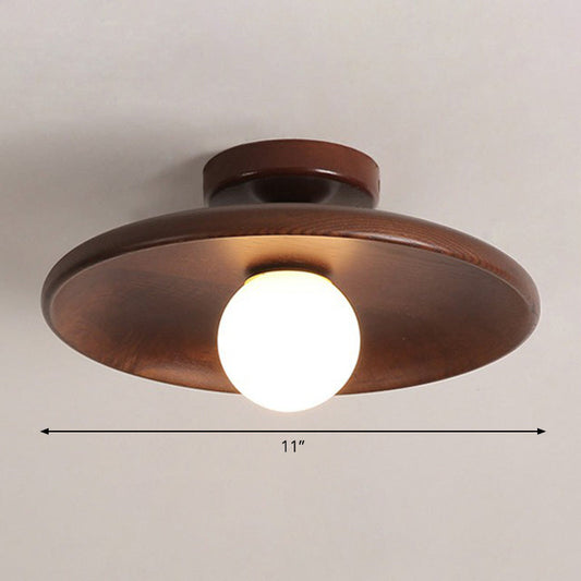 Wood Grain Semi-Flush Ceiling Light for Hallway and Entryway, Single Bulb Bowl Fixture for Low Ceilings, Modern Farmhouse Style, 11-Inch