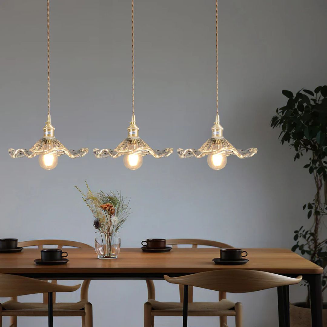 Glass Ceiling Light with Sculptural Ripple Edge – 9 in Hanging Fixture with Metal Hardware for Kitchen, Dining Area, or Bedroom – Adjustable