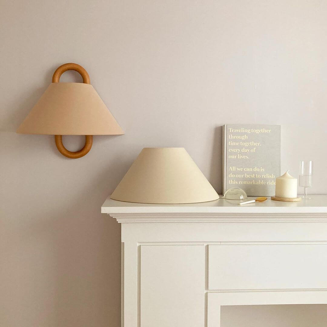 Fabric Half-Moon Wall Sconce with Natural Wood Backplate for Bedroom & Living Room