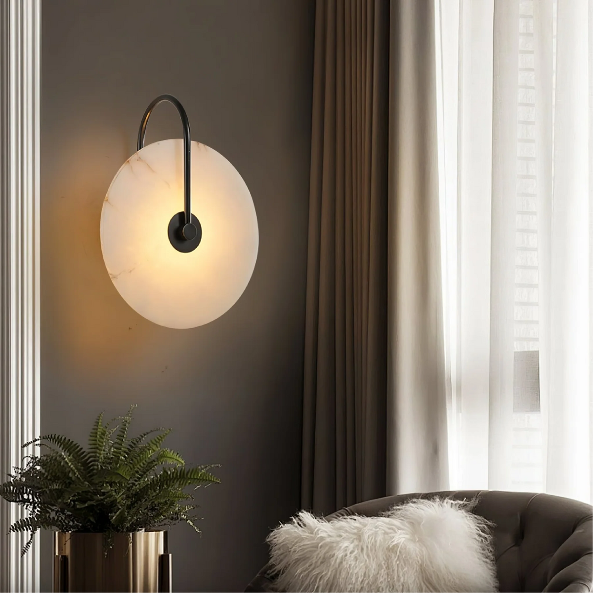 Alabaster Disc Sconce with Gold Arm – Natural Stone Wall Light for Bedroom, Living Room & Hallway – Integrated LED 6 to 12 Inch – Warm White
