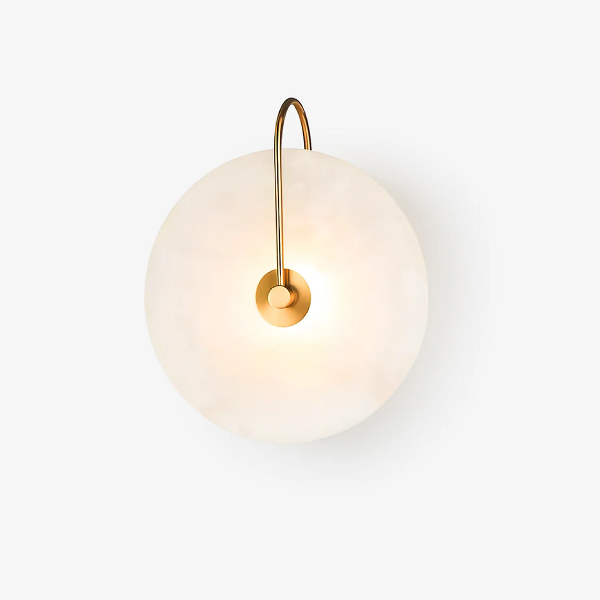 Alabaster Disc Sconce with Gold Arm – Natural Stone Wall Light for Bedroom, Living Room & Hallway – Integrated LED 6 to 12 Inch – Warm White