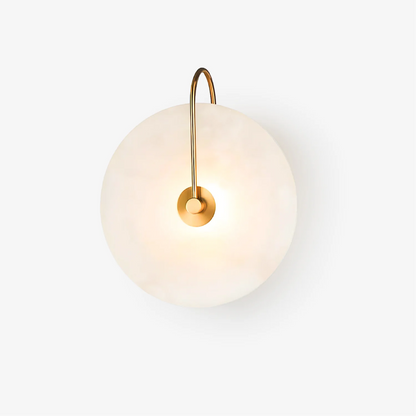 Alabaster Disc Sconce with Gold Arm – Natural Stone Wall Light for Bedroom, Living Room & Hallway – Integrated LED 6 to 12 Inch – Warm White