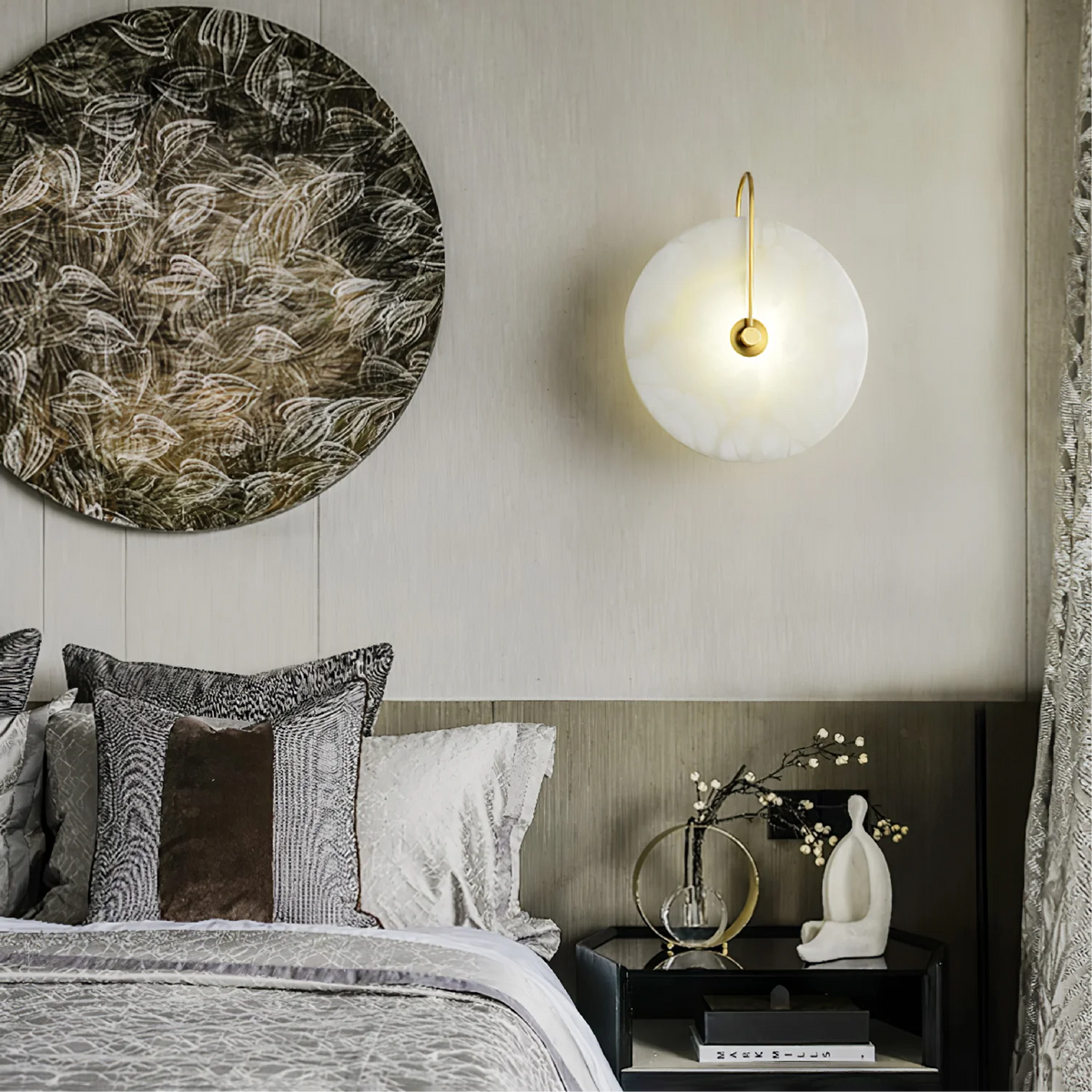 Alabaster Disc Sconce with Gold Arm – Natural Stone Wall Light for Bedroom, Living Room & Hallway – Integrated LED 6 to 12 Inch – Warm White