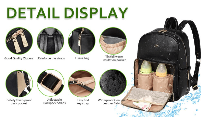 Parent Backpack Organizer with Changing Pad & Wet Bag – Waterproof PU Leather Multi-Pocket Storage for Newborn & Toddler Essentials