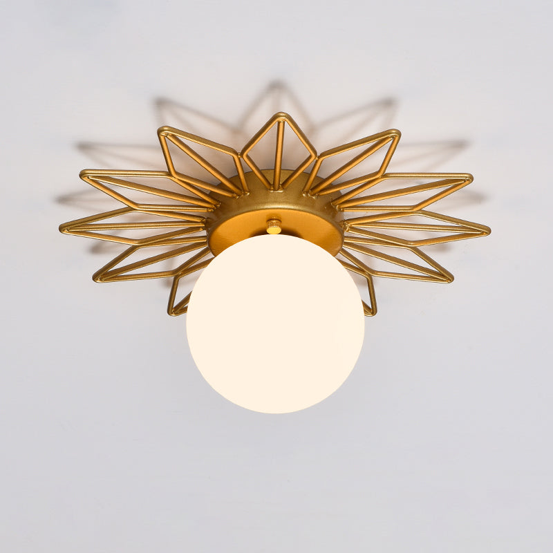 Contemporary Sphere Flush Mount Ceiling Fixture – Gold Metal Frame, Cream Frosted Globe – Low Profile Hallway & Bedroom Lighting for