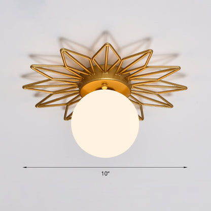 Contemporary Sphere Flush Mount Ceiling Fixture – Gold Metal Frame, Cream Frosted Globe – Low Profile Hallway & Bedroom Lighting for