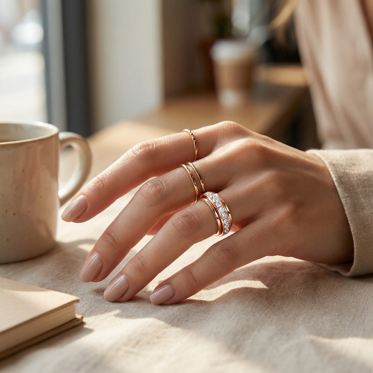 Titanium Steel Spinner Ring with Zirconia Stones for Anxiety Relief & Everyday Wear | Hypoallergenic Fidget Ring for Women & Men