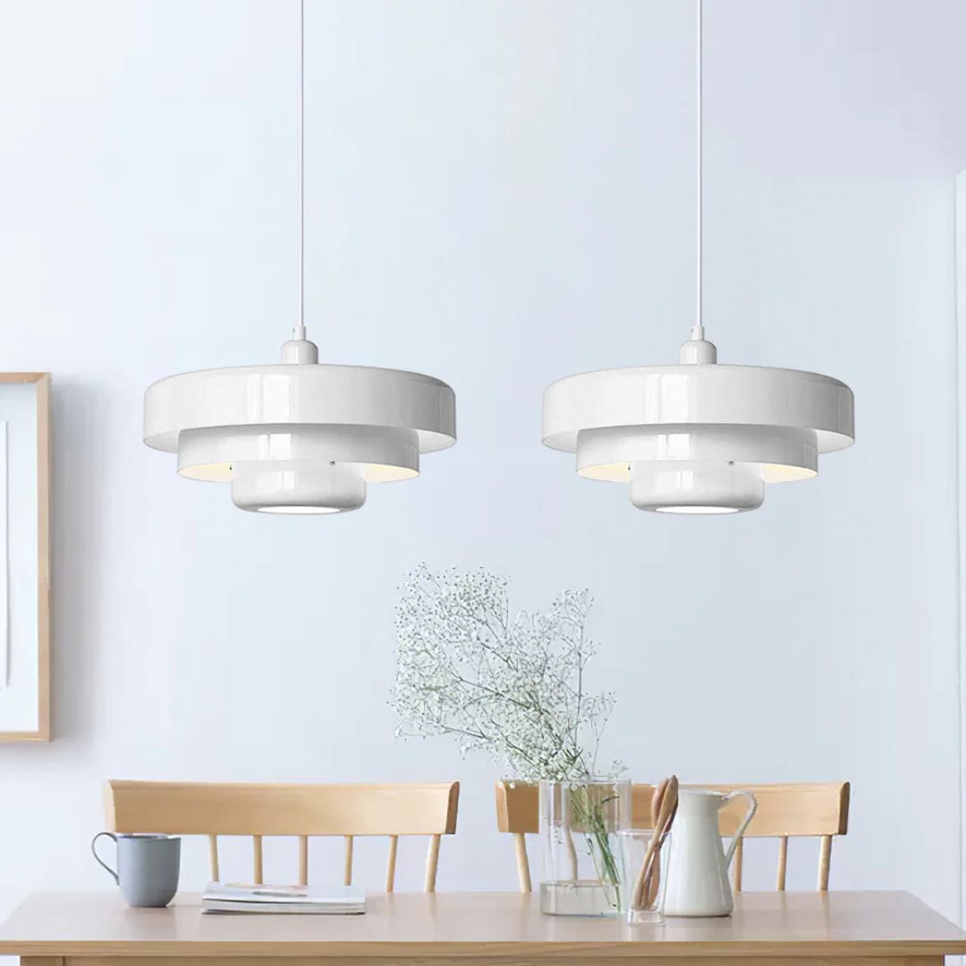 Hanging Iron Ceiling Fixture 14 Inch Layered Shade Height-Adjustable for Kitchen Dining Room Bedroom Modern Retro Downlight E27 Socket