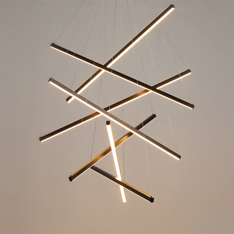 Modern Linear LED Chandelier Black Metal Multi-Tier Pendant Light for Living Room Foyer Kitchen Island Dining Room