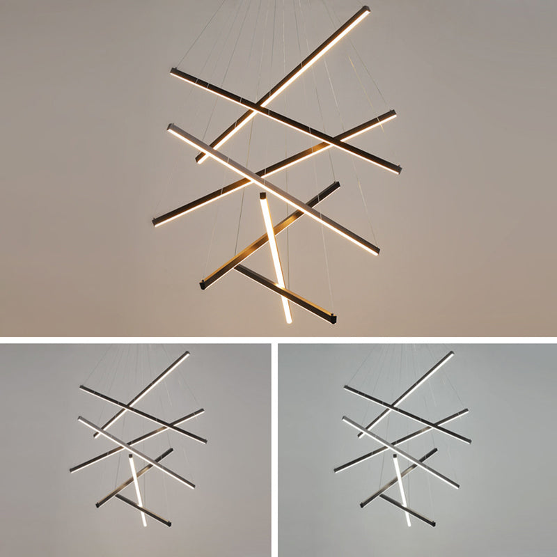 Modern Linear LED Chandelier Black Metal Multi-Tier Pendant Light for Living Room Foyer Kitchen Island Dining Room