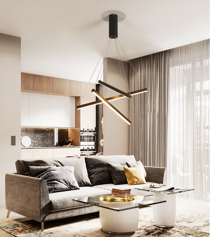 Modern Linear LED Chandelier Black Metal Multi-Tier Pendant Light for Living Room Foyer Kitchen Island Dining Room