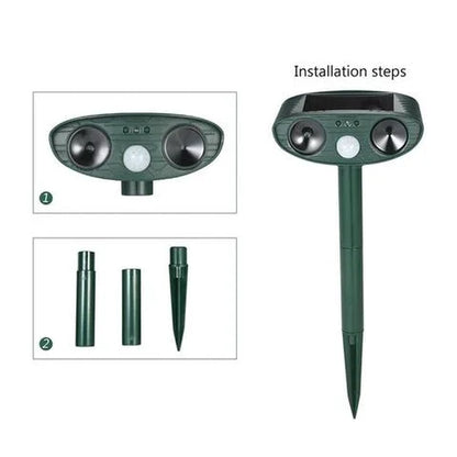 Solar Wildlife Deterrent Device Ultrasonic Outdoor Yard Defender 30 ft Range Motion-Activated Strobe Light Weatherproof for Gardens Lawns Fl