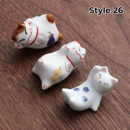 Porcelain Utensil Holders with Animal and Fruit Designs for Asian Dining – Set of 3 Decorative Tabletop Rests