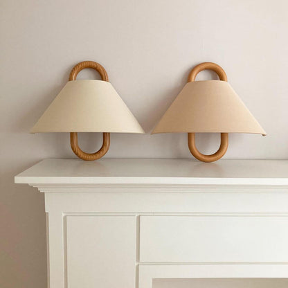 Fabric Half-Moon Wall Sconce with Natural Wood Backplate for Bedroom & Living Room