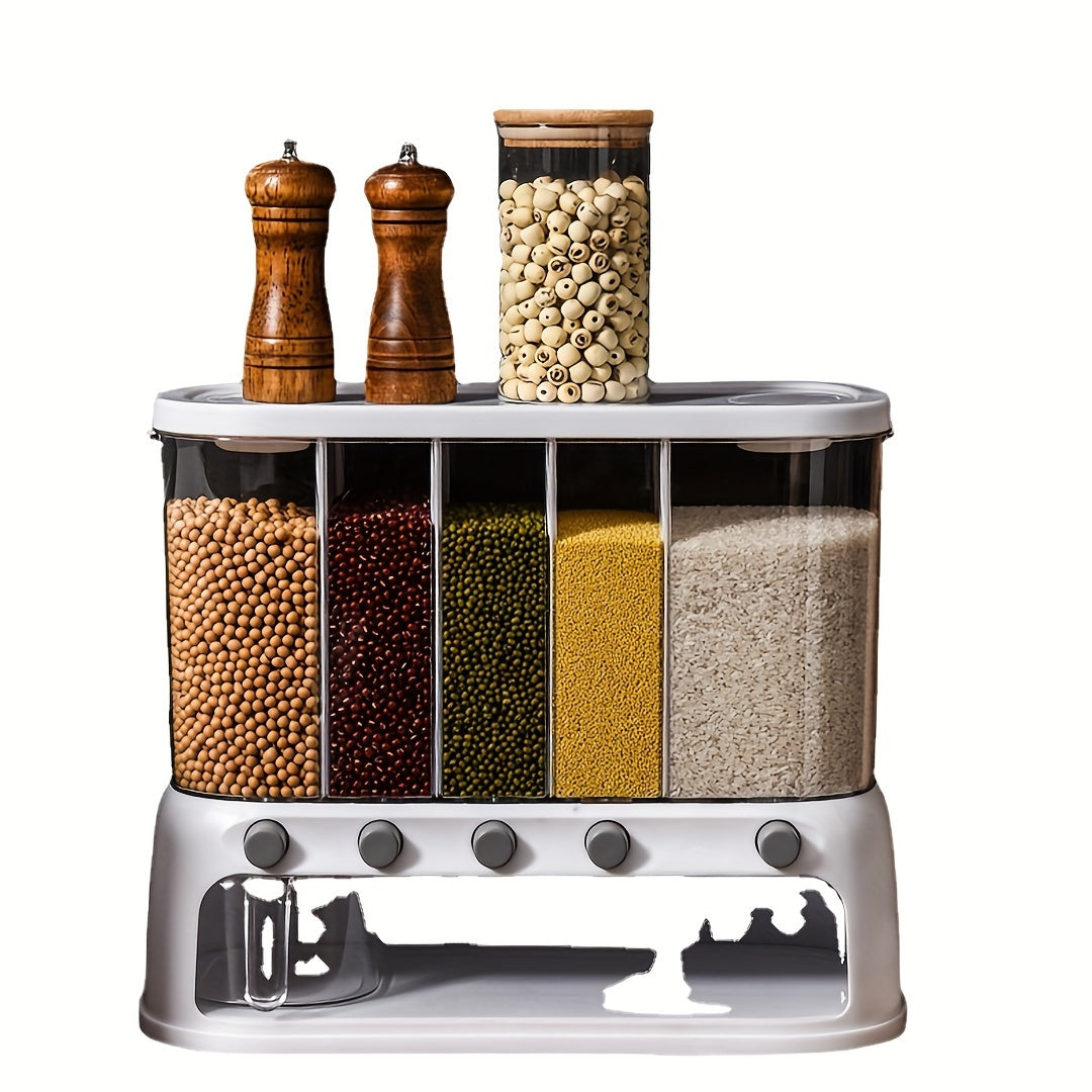 5-Section Dry Food Dispenser with Press Buttons & Sealed Flip Lid for Rice Pasta Beans Cereal Snacks Kitchen Pantry Counter Cabinet