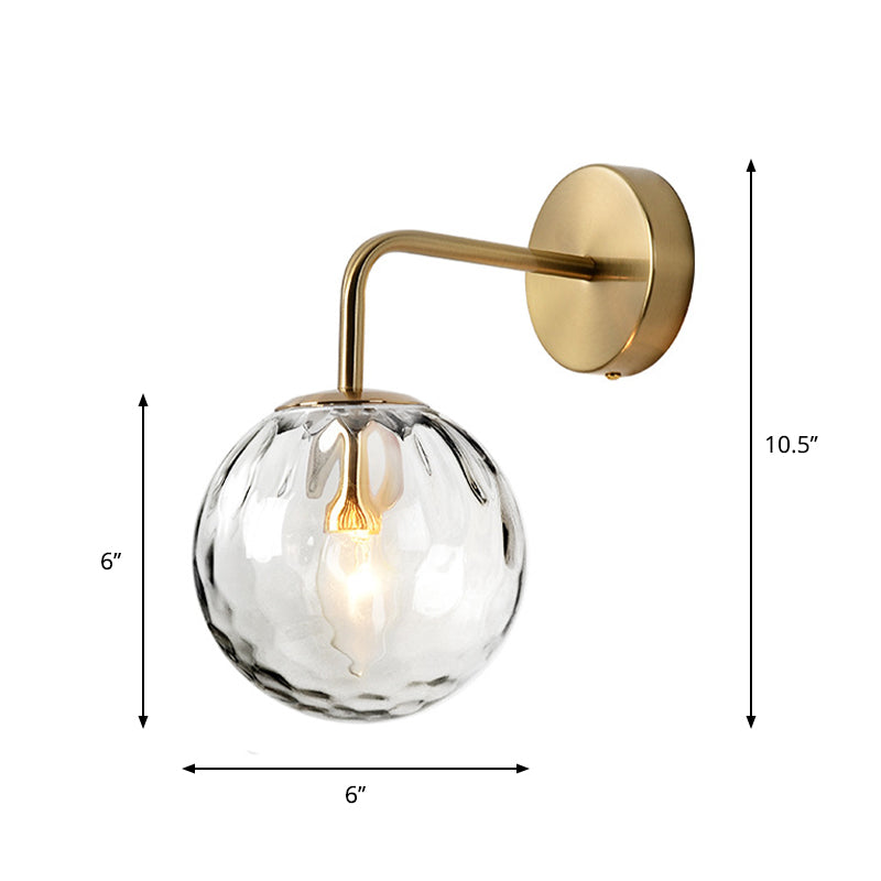 Contemporary Textured Globe Wall Light with Brass Arm | Single-Bulb Sconce for Bedroom, Hallway & Living Room | Hardwired Electric Fixture