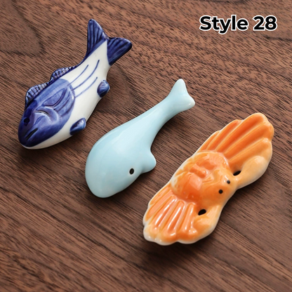 Porcelain Utensil Holders with Animal and Fruit Designs for Asian Dining – Set of 3 Decorative Tabletop Rests
