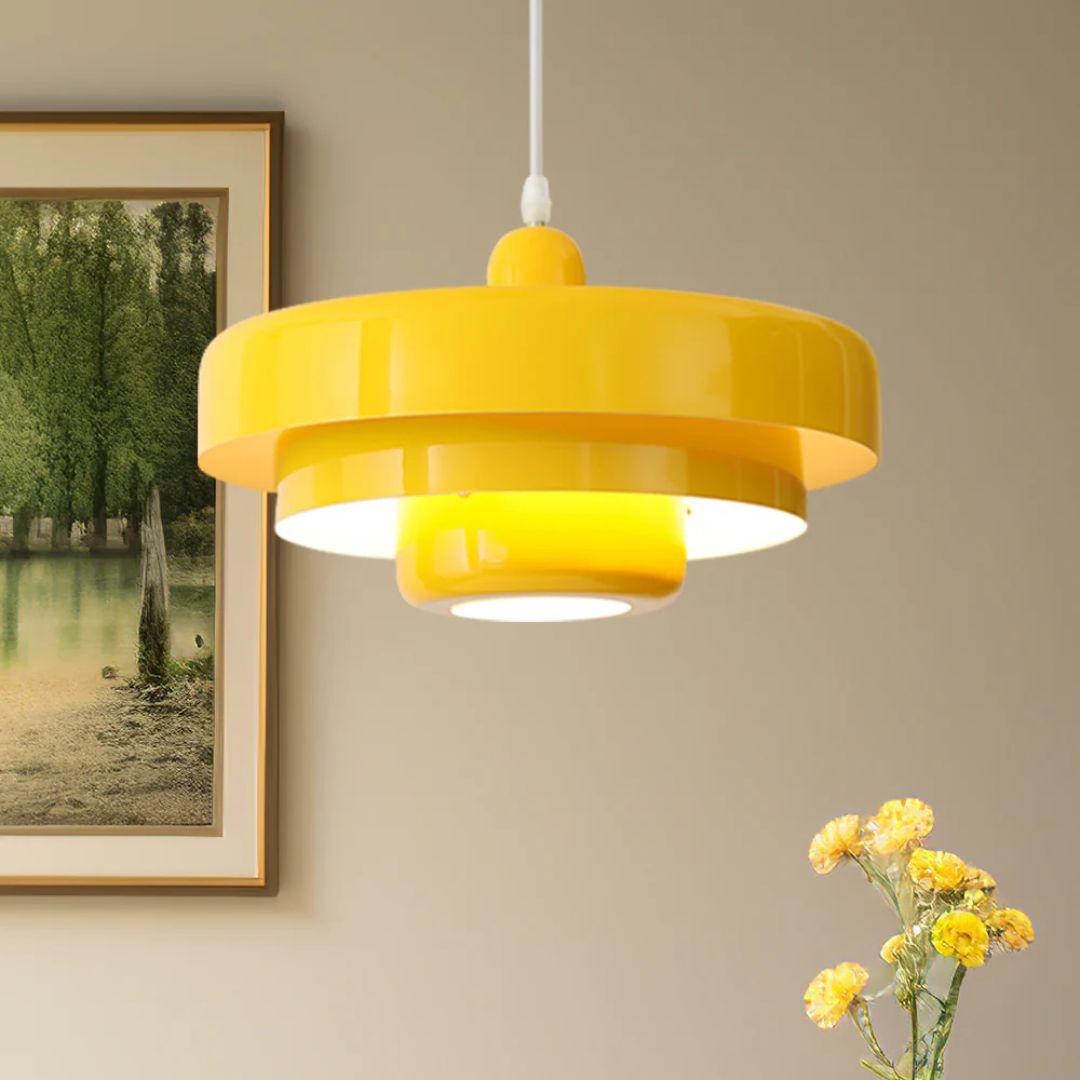 Hanging Iron Ceiling Fixture 14 Inch Layered Shade Height-Adjustable for Kitchen Dining Room Bedroom Modern Retro Downlight E27 Socket