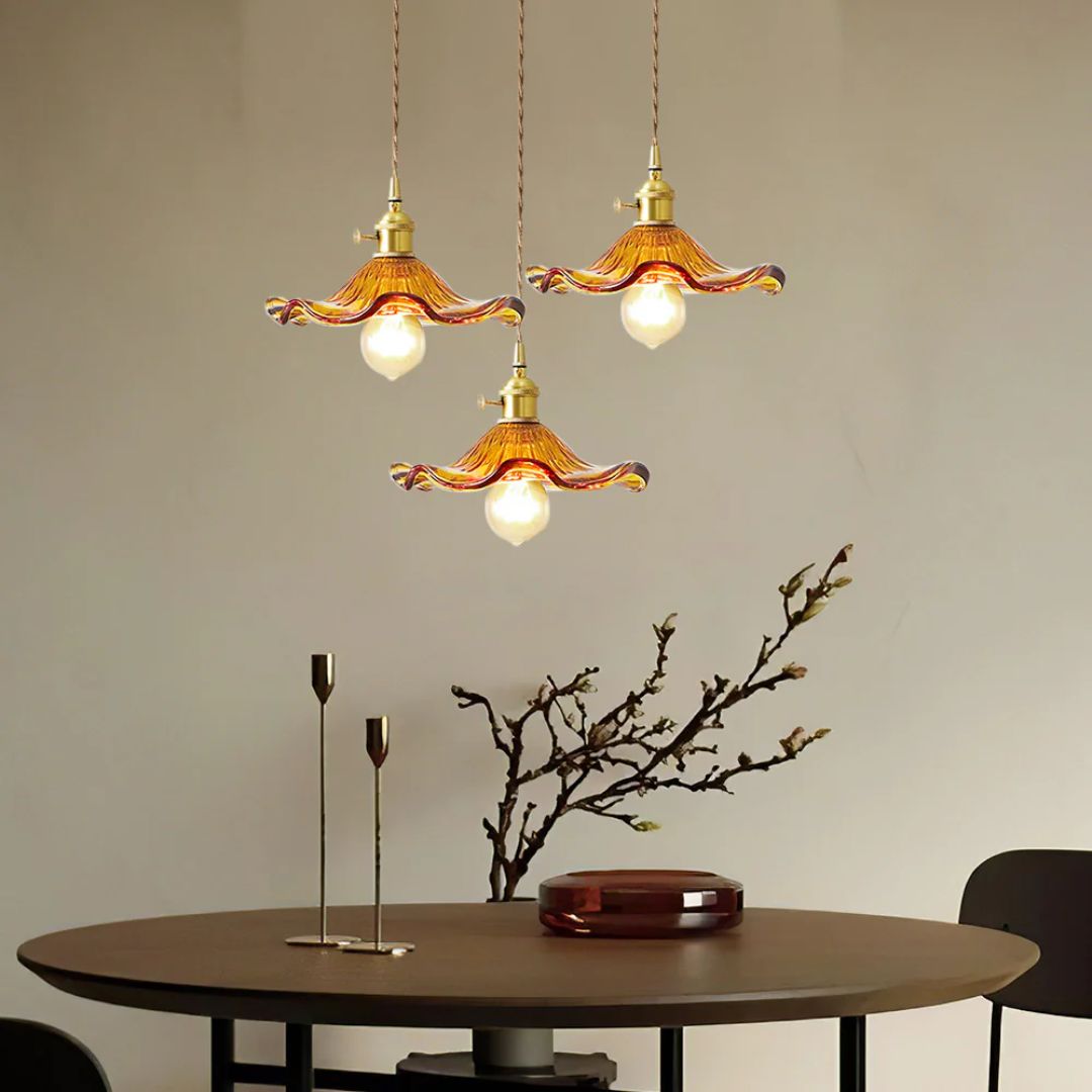 Glass Ceiling Light with Sculptural Ripple Edge – 9 in Hanging Fixture with Metal Hardware for Kitchen, Dining Area, or Bedroom – Adjustable