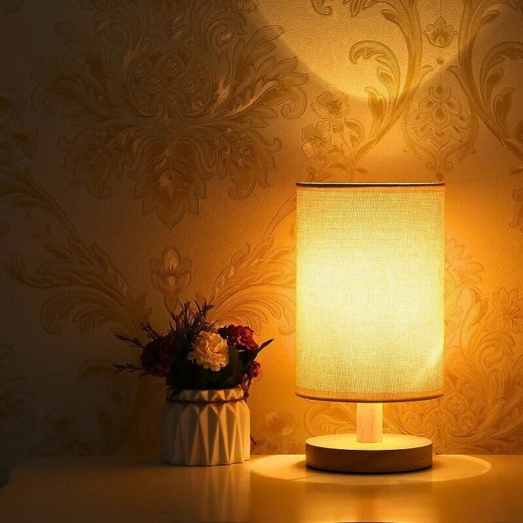 Natural Wood & Linen Table Lamp with Remote Control – Dimmable LED Touch Lamp for Bedroom, Nightstand, Desk – Minimalist Scandinavian