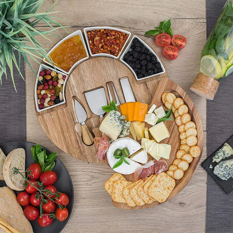 Round Wood Serving Tray with Bowls and Knives 13 Inch Appetizer Platter Set for Entertaining Charcuterie Display Board Natural Acacia Snack