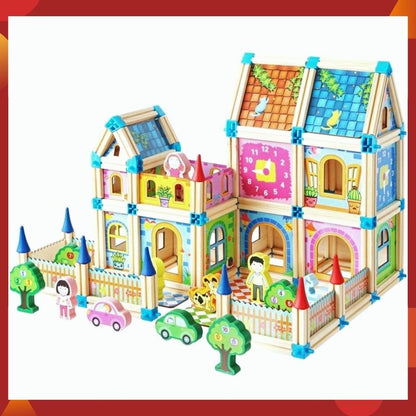 Wooden Modular Dollhouse Construction Set – Creative Building Activity for Kids Age 2+ with Architectural Pieces, Doors & Windows