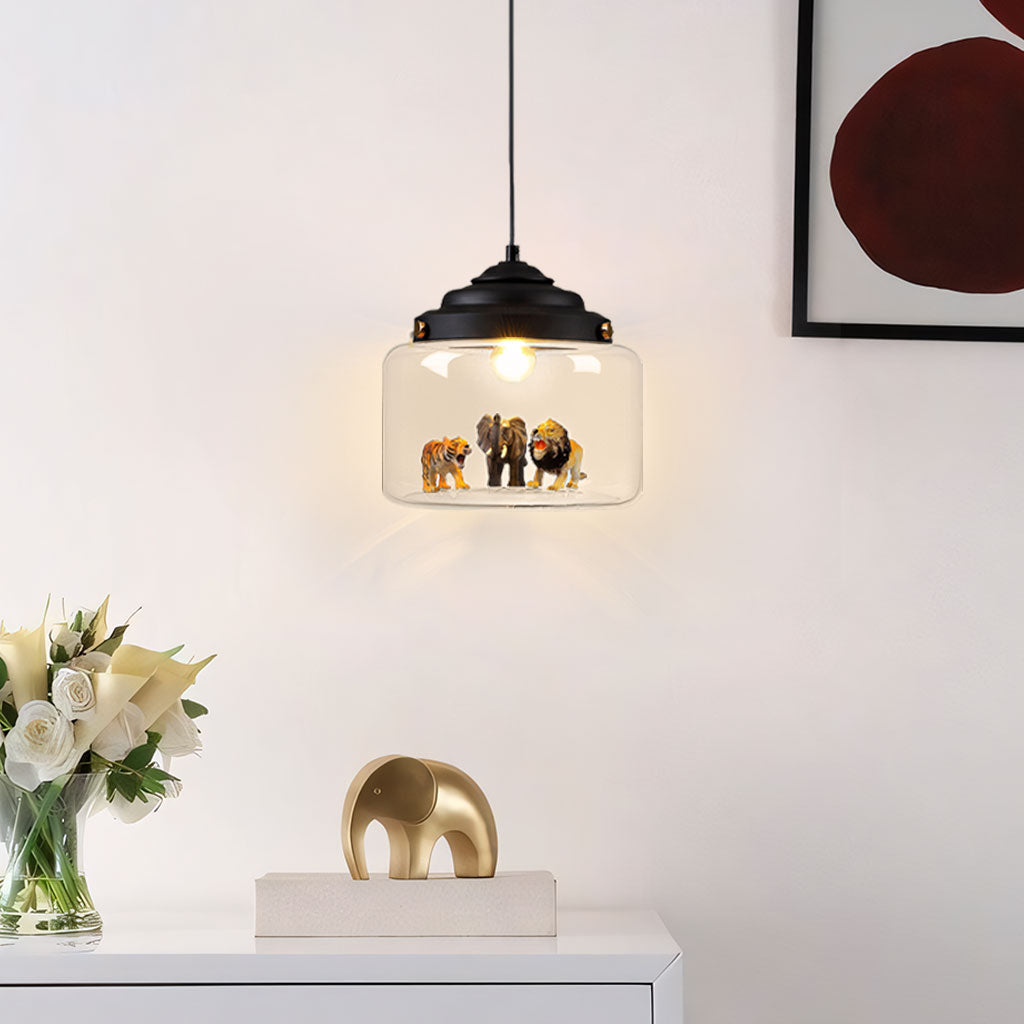 Kids Room Glass Hanging Lamp 8.7 Inches Round Ceiling Light with Fun Animal Characters Nursery Fixture Bedroom Decor for Children Playroom L
