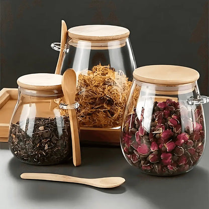 Clear Glass Canister with Bamboo Lid & Spoon for Pantry Organization Coffee Beans Loose Tea Dry Goods Kitchen Counter Storage Jar Airtight S