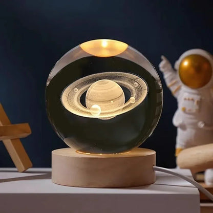 3D Engraved Crystal Planet Sphere Night Light on Wood Base USB Powered Desk Lamp Warm White LED Glow for Bedroom Living Room Nursery Space