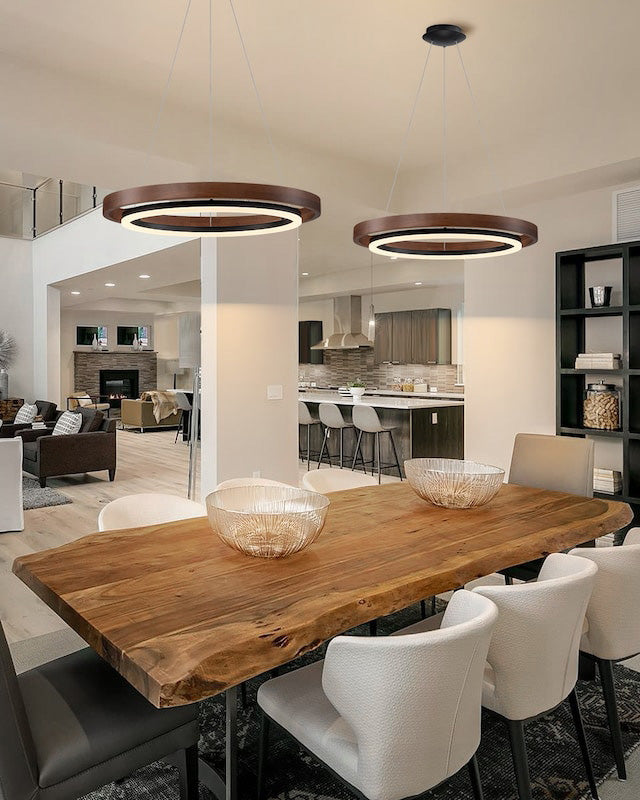 Circular Wood Ring Chandelier with LED Lighting 24-47 Inches Adjustable Height Farmhouse Dining Room Kitchen Island Ceiling Fixture